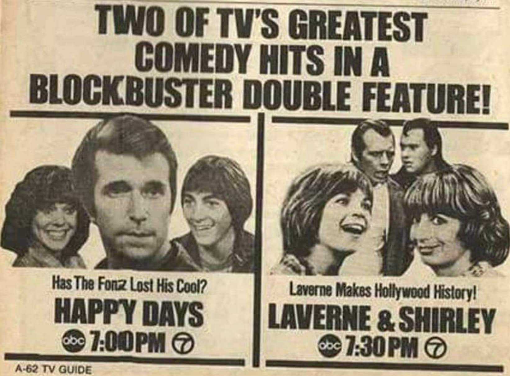 poster - Two Of Tv'S Greatest Comedy Hits In A Blockbuster Double Feature! Has The Fonz Lost His Cool? Happy Days bcPM A62 Tv Guide Laverne Makes Hollywood History! Laverne & Shirley obc